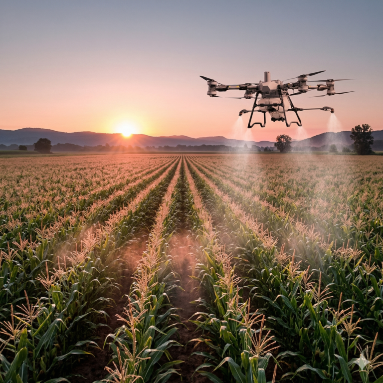 Dron profesional realizando pulverización aérea sobre un cultivo de maíz al amanecer, representando el aprendizaje práctico del curso.
